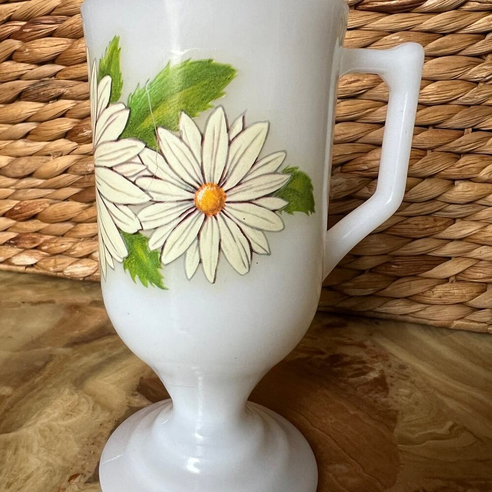Milk Glass Pedestal Mug With Daisy Graphic